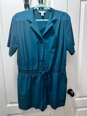 Athleta Teal Short Sleeve Button Romper